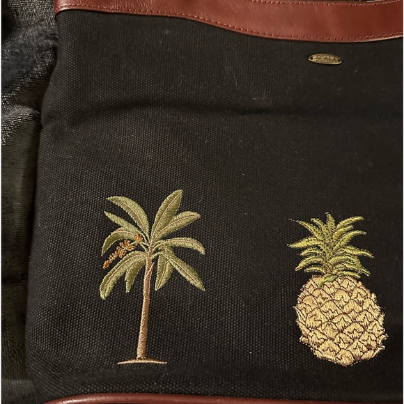 Scala Embroidered Twin Palms and Pineapple Black with Brown Leather Trim Handbag - Picture 9 of 15